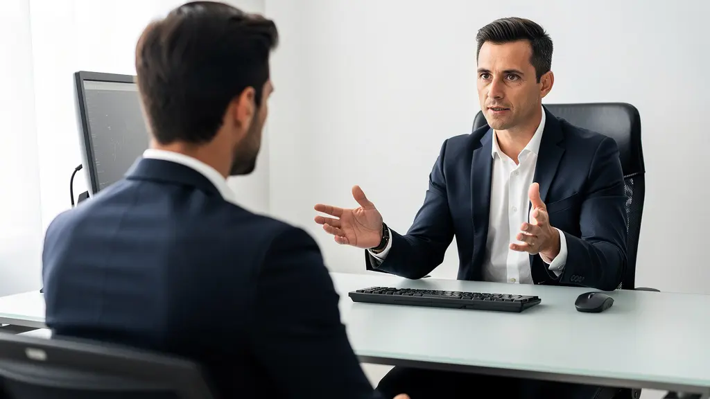 Conseiller immobilier expliquant les options de financement à un client dans un bureau moderne