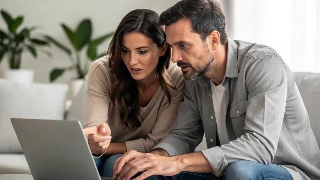 Couple trentenaire consultant un simulateur de capacité d'emprunt sur ordinateur portable dans leur salon