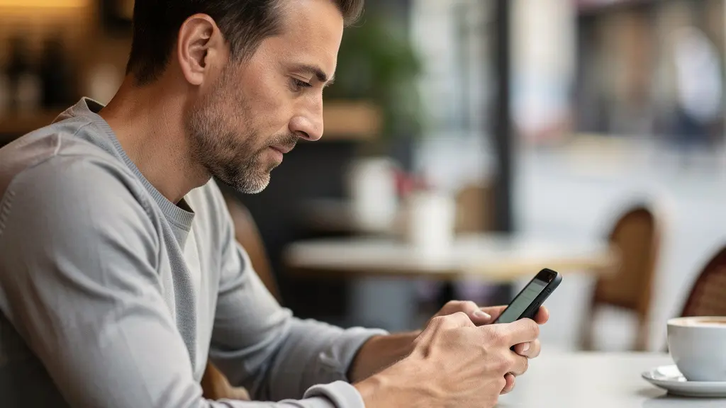 Homme consultant son smartphone pour comparer les taux de crédit immobilier dans un café